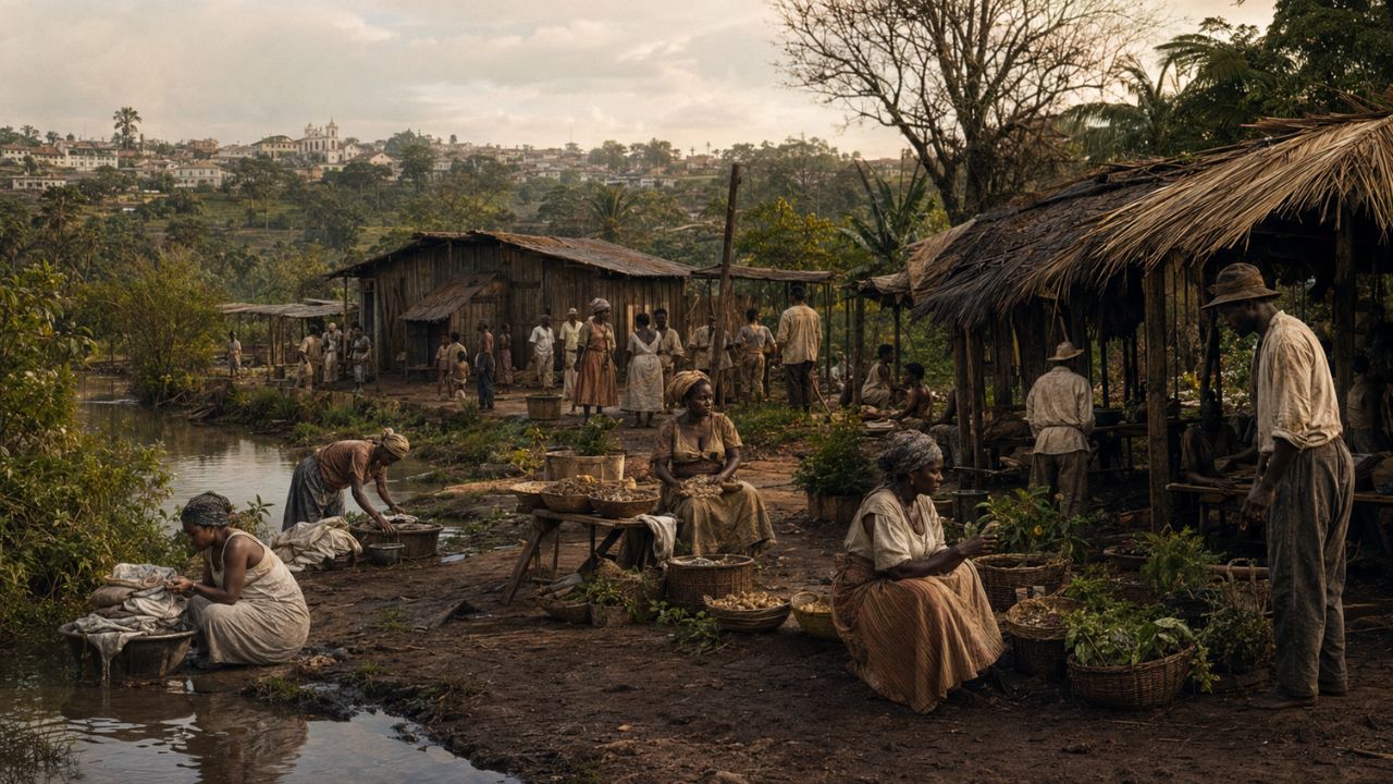 Artistic representation of the Saracura Quilombo in the 19th century, on the banks of the old Saracura River, where laundresses, food vendors, herb sellers, and black workers built a community of refuge and resistance in the territory that would later become Bixiga.