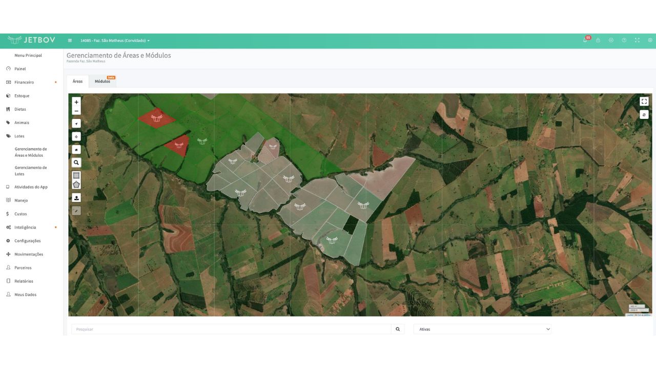 JetBov platform shows a satellite map with farm areas and modules divided into paddocks, allowing the rancher to visualize pasture use, monitor productive sectors, and support cattle management decisions with more precision.
