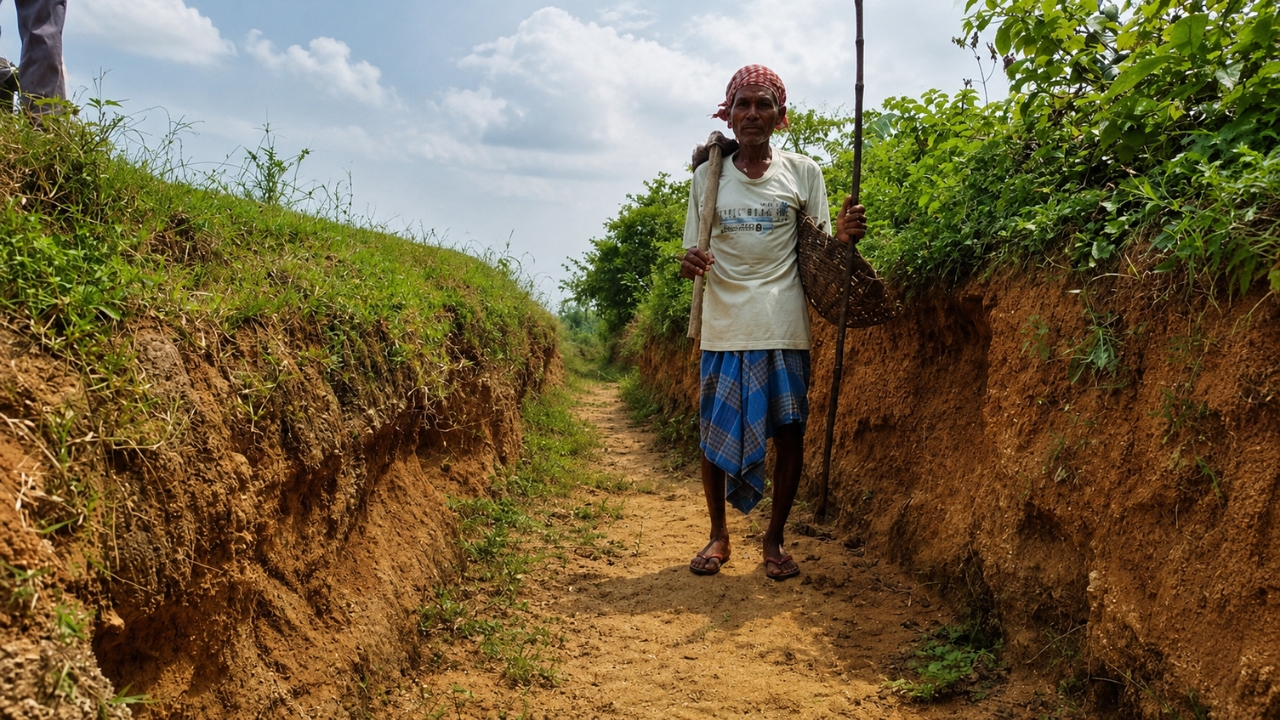 Laungi Bhuiyan aparece no canal de terra que abriu manualmente em Bihar, na Índia, obra que levou quase três décadas para conduzir água da chuva das colinas até reservatórios e áreas agrícolas da comunidade.