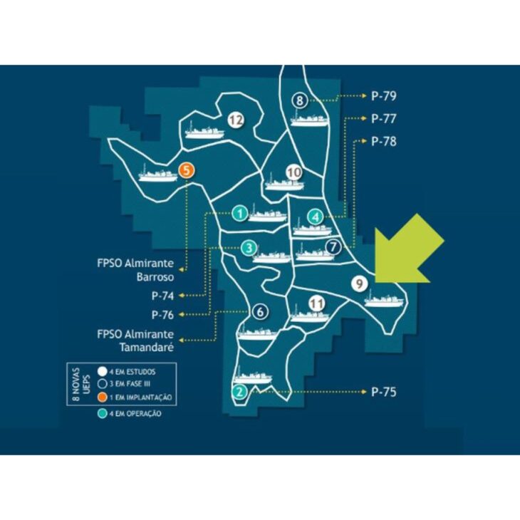 Mapa do campo de Búzios mostra a dimensão de uma das áreas mais estratégicas do pré-sal brasileiro, onde a Petrobras confirmou uma nova acumulação de petróleo abaixo de um reservatório que já está em produção comercial.