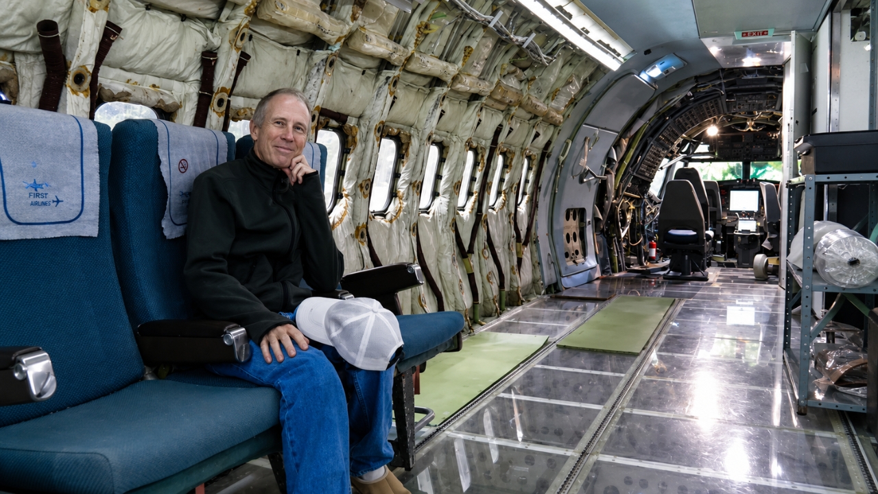 Dentro do Boeing 727-200 transformado em casa por Bruce Campbell, o interior ainda preserva assentos, janelas, cockpit e partes da estrutura original da aeronave, misturando aparência de avião comercial com adaptações simples para moradia.
