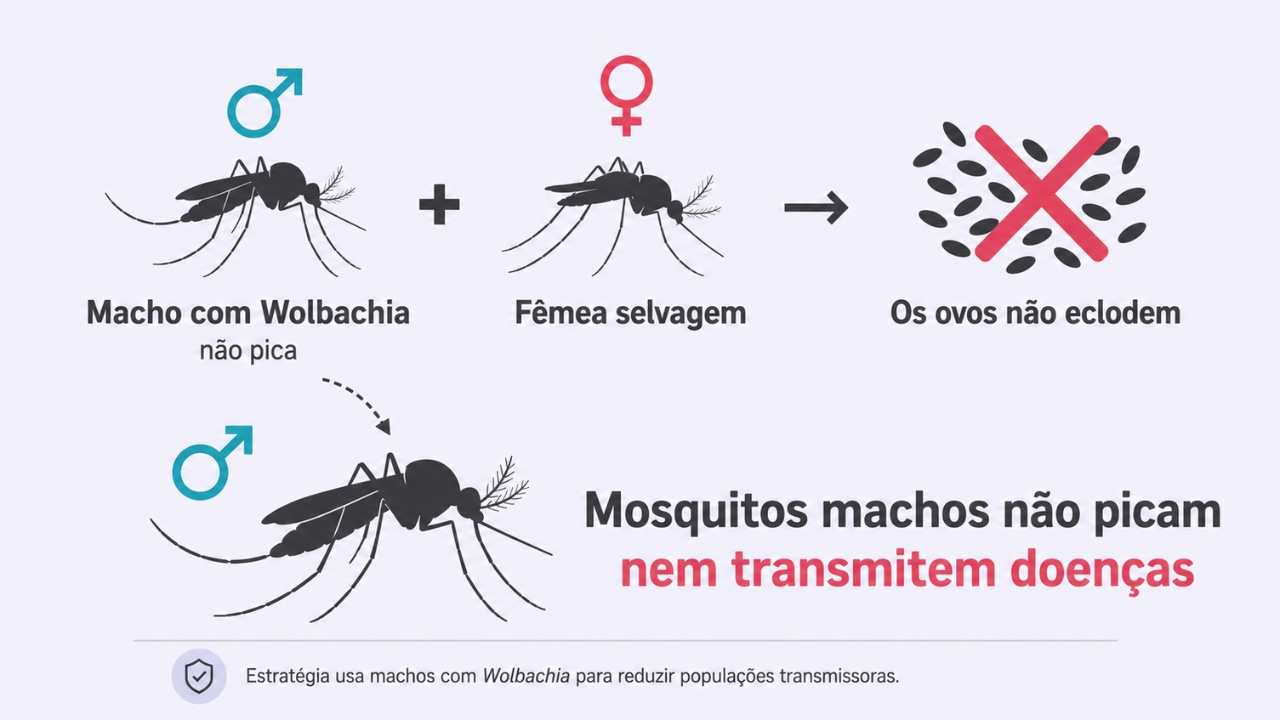 Mosquitos machos com Wolbachia são liberados para cruzar com fêmeas selvagens e impedir que os ovos se desenvolvam. Diferentemente das fêmeas, os machos não picam e não transmitem doenças, já que são as fêmeas que se alimentam de sangue e podem espalhar vírus entre humanos.