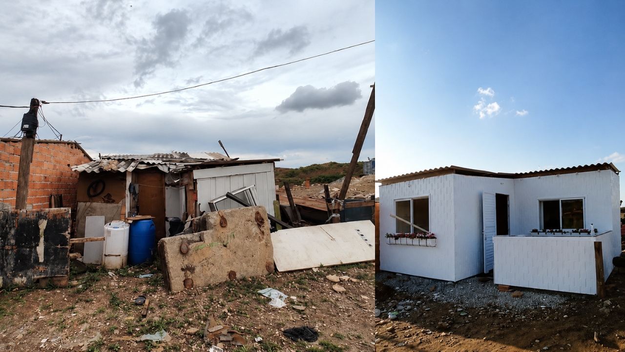 Antes e depois mostra o contraste entre a moradia precária e a casa sustentável construída com blocos de plástico reciclado em São Paulo. O projeto da TETO Brasil ergueu a unidade de 27 m² em 15 horas e reaproveitou resíduos que antes poderiam acabar descartados na natureza.