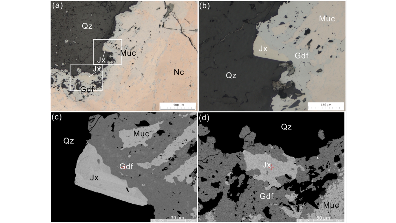 Microscopic images reveal the presence of Jinxiuite (Jx) in association with other minerals in the Longhua deposit, China, highlighting its rare structure and potential as an indicator of nickel and cobalt-rich deposits.