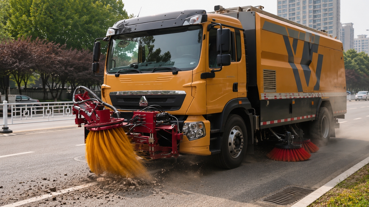 Chinese road cleaning truck operates with a brush and suction system to remove stones, dust, and debris from the asphalt, a technology that gained prominence for allowing highway cleaning at speeds of up to 80 km/h, reducing blockages, improving traffic safety, and making road maintenance faster and more efficient.