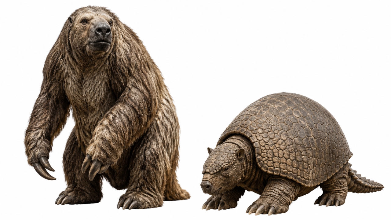 Illustration shows two possible excavators of the Brazilian paleoburrows: a giant sloth, with long claws and a robust body, and a giant armadillo, an armored animal associated with the marks found in prehistoric tunnels in Southern Brazil.