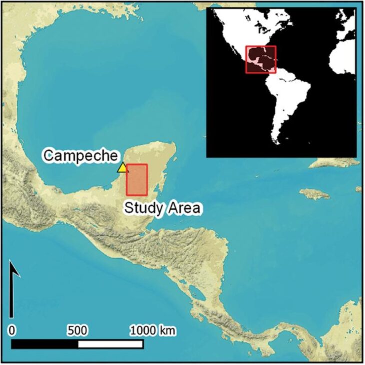 Mapa mostra a área de estudo em Campeche, no México, onde dados de LiDAR revelaram a cidade maia de Valeriana sob a vegetação, indicando como uma região aparentemente comum escondia milhares de estruturas antigas.