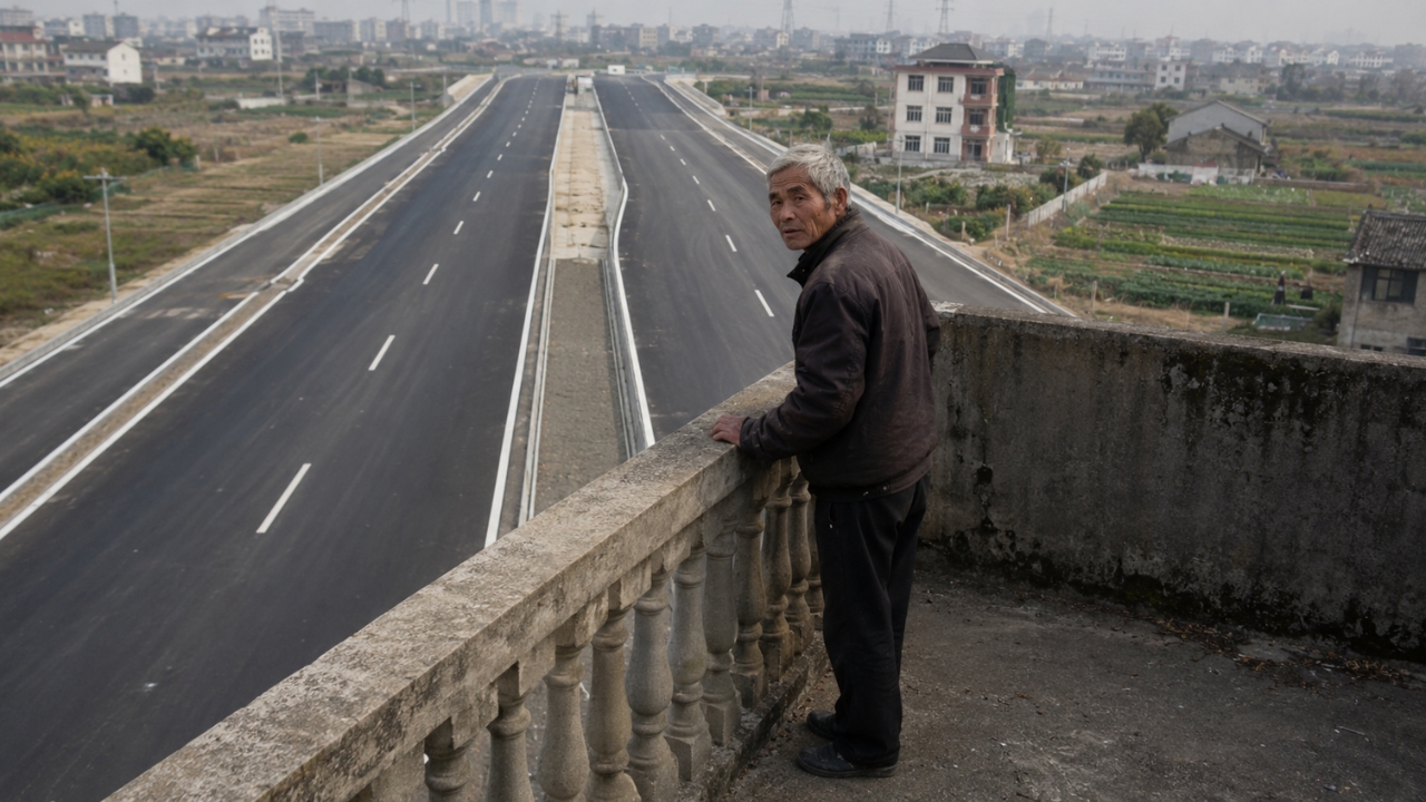 Em outro caso emblemático na China, Luo Baogen observa de sua casa em Wenling a estrada construída ao redor do imóvel, episódio de 2012 que ficou conhecido mundialmente antes da demolição da residência após um acordo com autoridades locais.