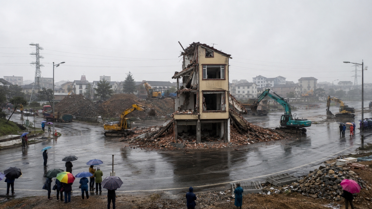 Demolição da casa de Luo Baogen em Wenling, na China, após o proprietário aceitar um acordo para deixar o imóvel que ficou isolado no meio de uma estrada recém-construída e virou um dos casos mais conhecidos das “nail houses”.