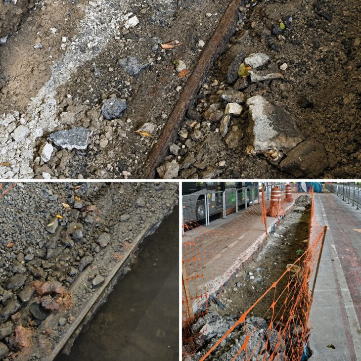 Records of the work in downtown São Paulo show the open excavation, the removed soil, and the old tram tracks reappearing under the concrete, revealing traces of a city that still keeps part of its memory buried underground.
