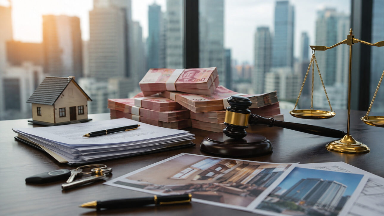 Imagen ilustrativa muestra documentos, dinero, maqueta de inmueble, martillo judicial y balanza de la Justicia sobre mesa, representando divorcio en China e investigación sobre patrimonio millonario.