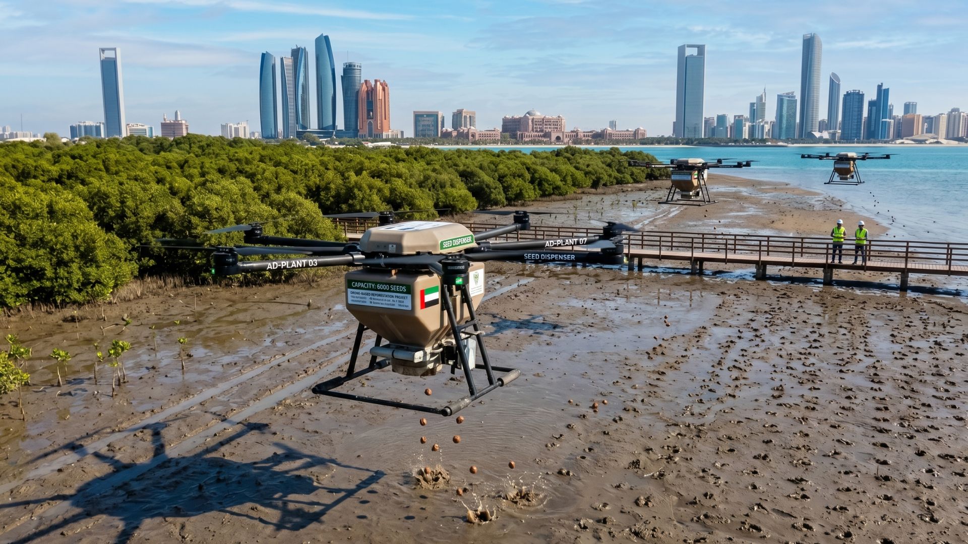 Emirados usam drones para lançar sementes de mangue em Abu Dhabi e acelerar meta de 100 milhões de árvores até 2030.
