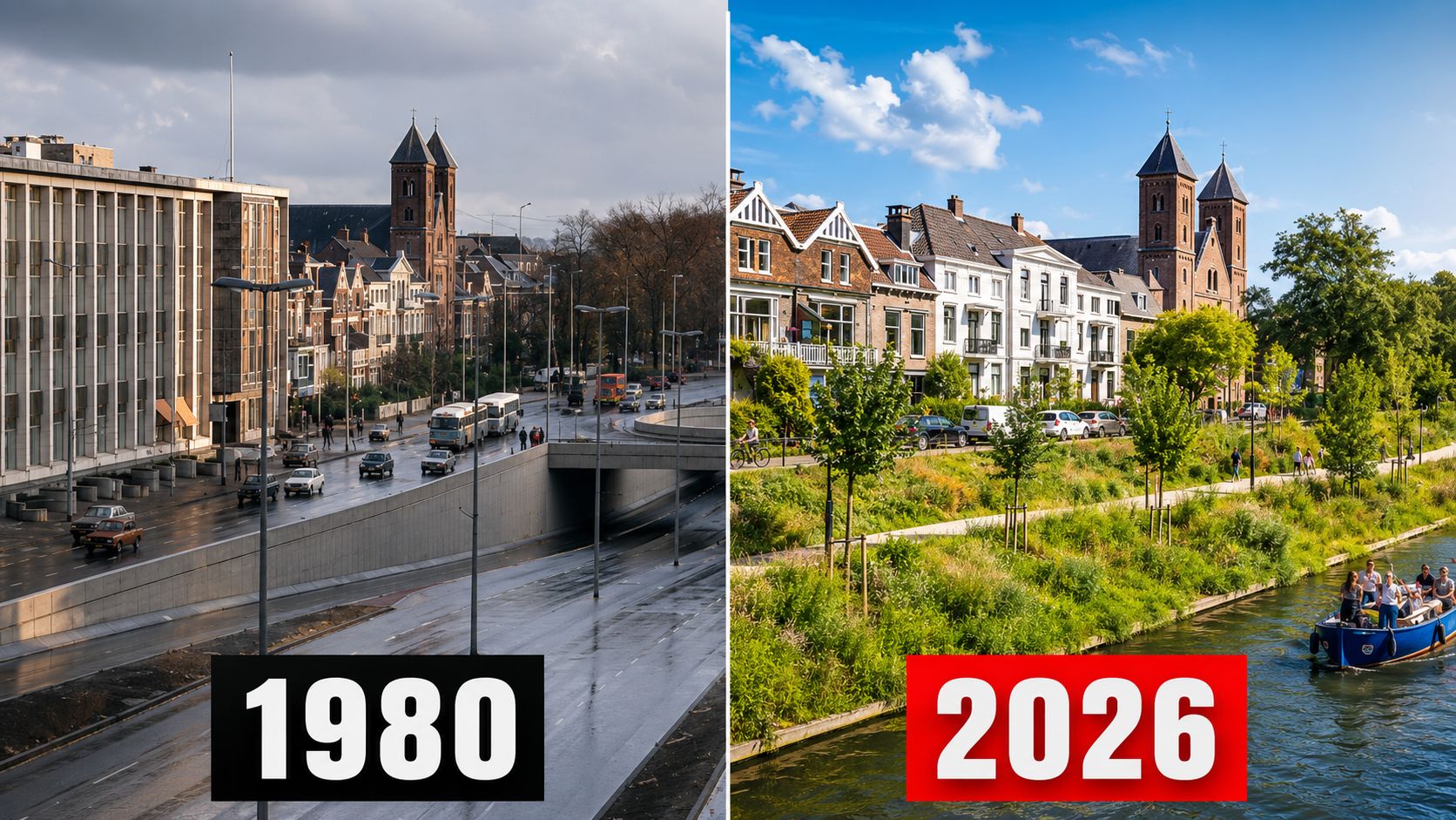 Utrecht retirou uma avenida construída sobre o Catharijnesingel e reabriu o canal histórico em 2020, com áreas verdes e caminhos.