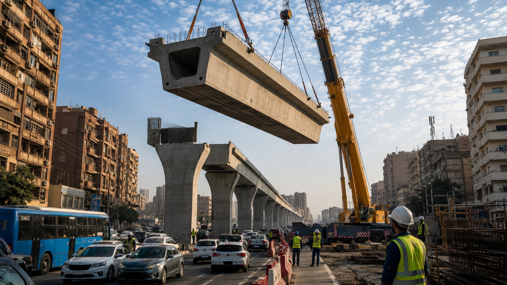 Egito constrói monotrilho de US$ 5,5 bilhões sobre o Cairo com vigas de 80 a 100 toneladas içadas por guindastes móveis