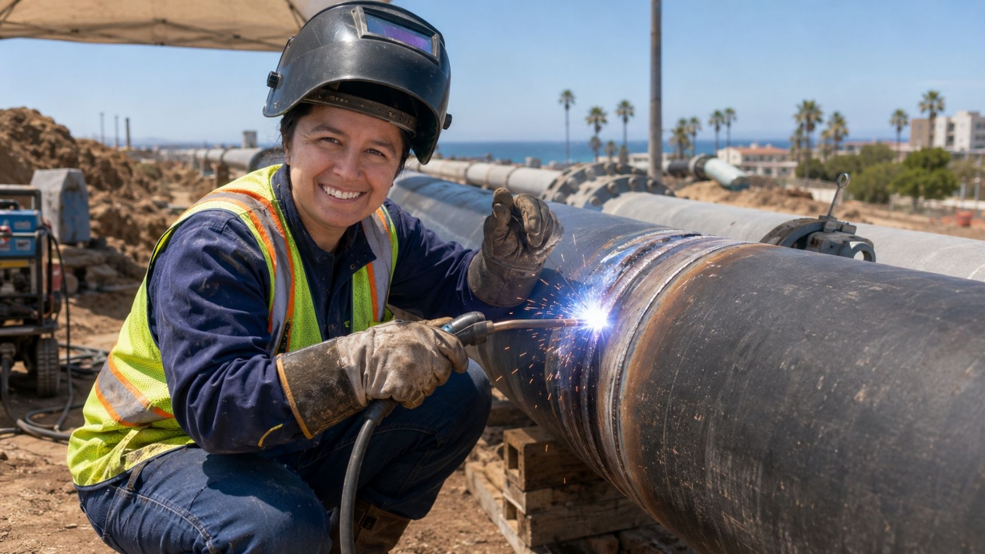 Do atendimento ao cliente à solda de gasodutos: a 2ª mulher soldadora da concessionária de energia de San Diego hoje lidera uma equipe inteira.