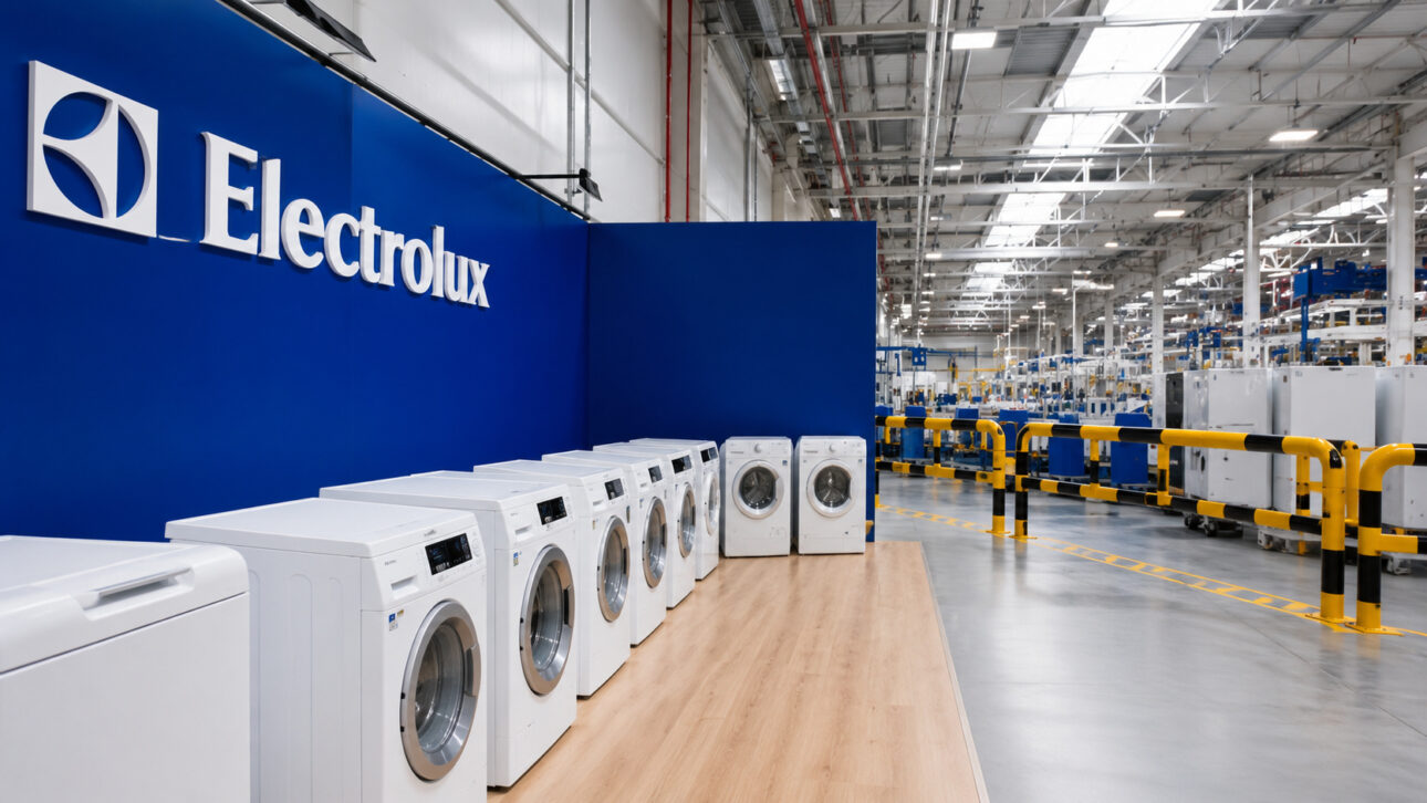 Área industrial da Electrolux com exposição de máquinas de lavar em primeiro plano e linha de produção ao fundo, representando o desenvolvimento de produtos eficientes e o papel estratégico do Brasil no design global da empresa.