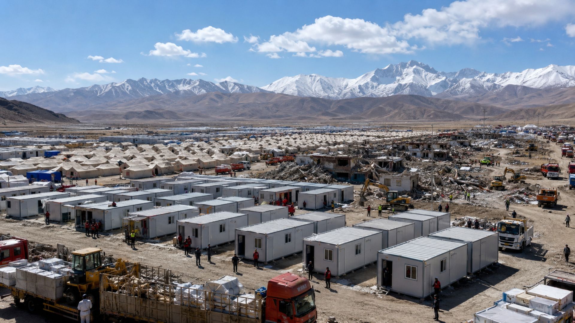 Terremoto no Tibete: China ergueu 7.733 casas dobráveis em 24 dias com construção pré-fabricada, no maior programa de moradias de emergência da história.