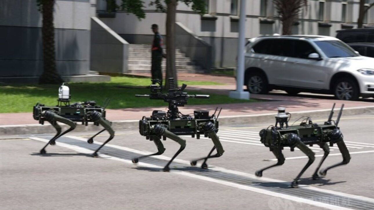 Three prototypes of military-use robot dogs, designed for surveillance, reconnaissance, and combat support missions, were displayed in Taipei on Tuesday. Photo by CNA, June 2, 2026.