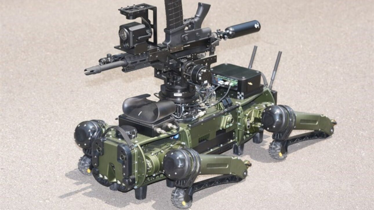 A robotic dog equipped with a remotely controlled weapon station, developed by NCSIST. Photo by CNA, June 2, 2026.