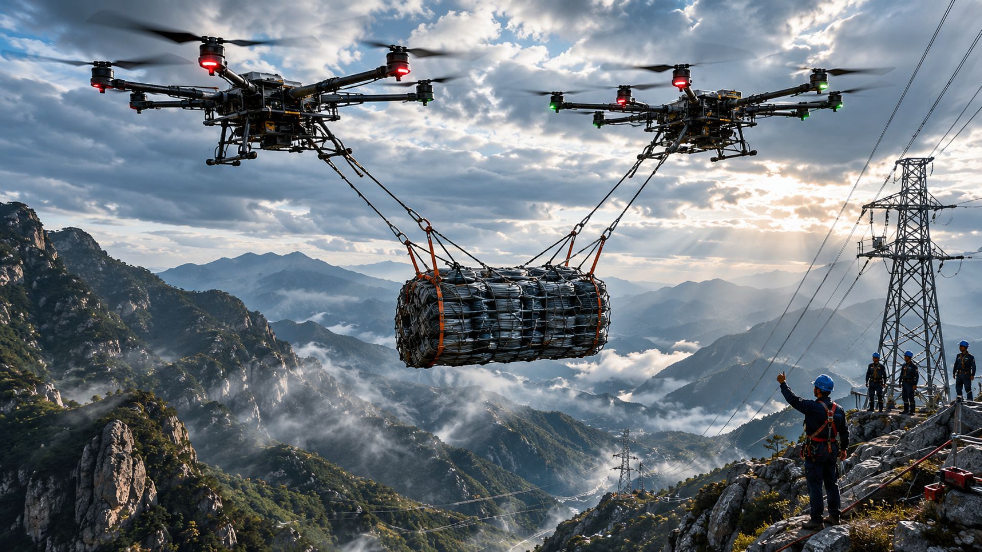 Na China, dois drones de carga pesada ergueram juntos até 650 kg para abastecer a construção de uma linha de energia e suas torres em Hebei.
