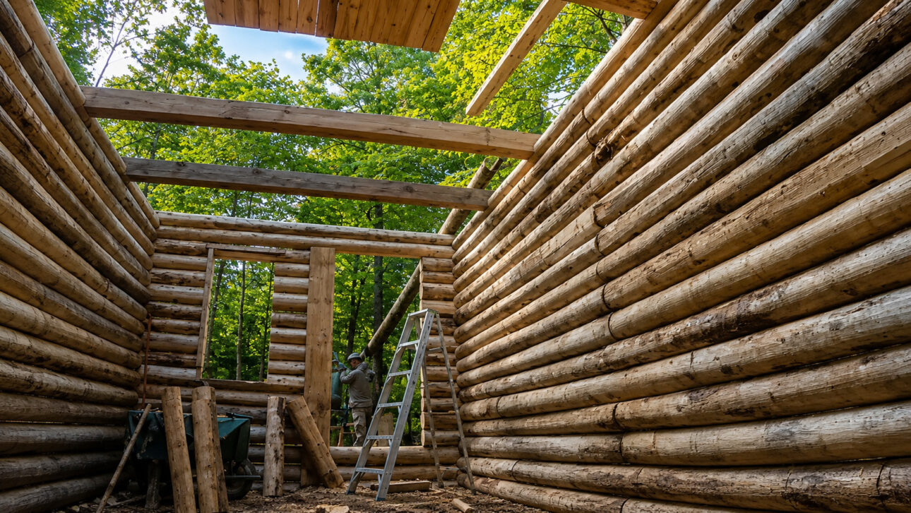 Instead of receiving ready-made pieces, Shawn James worked with logs taken from the surrounding environment.