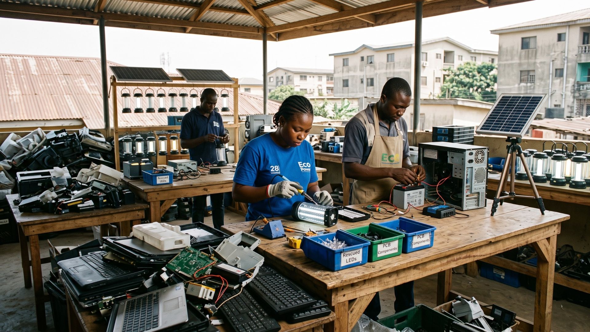 Empresa da Nigéria reaproveita lixo eletrônico para fabricar lanternas solares e sistemas domésticos de energia destinados a comunidades sem acesso confiável à eletricidade.