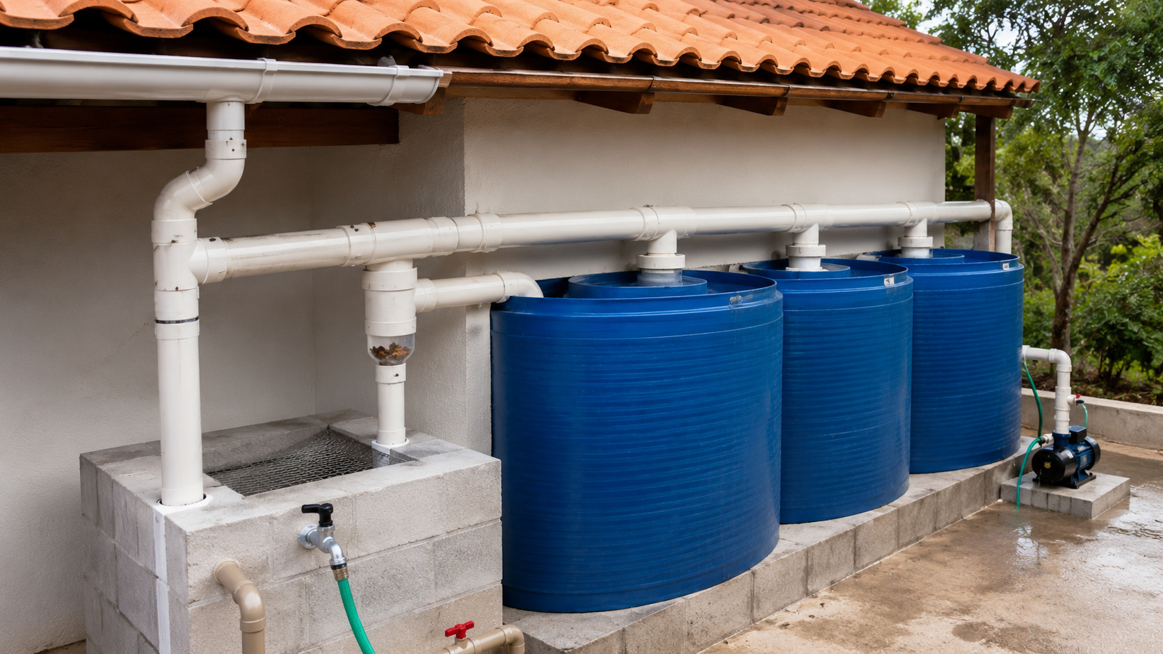 Captação de água da chuva com tubo PVC de 100 mm, filtro e reservatório pode aproveitar milhares de litros por ano para usos não potáveis.