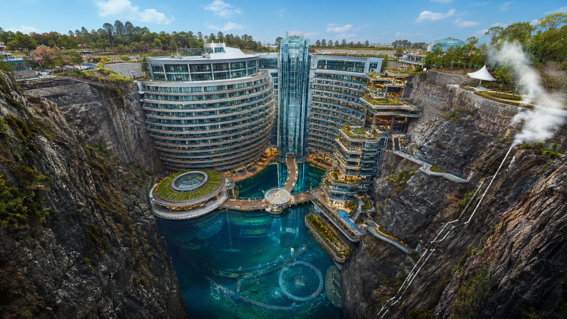 A China construiu um hotel de luxo dentro de uma pedreira abandonada de 88 m em Xangai. Com quartos submersos e US$ 555 mi investidos, o projeto abriu em novembro de 2018.