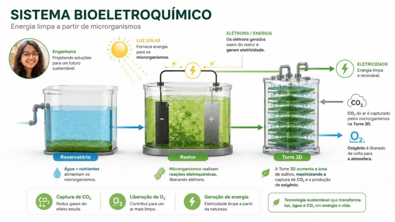 At Unesp, a cyanobacterium from Ubatuba became a bio-photovoltaic cell: through photosynthesis, it generates 227 mW/m², captures CO2, and releases oxygen.