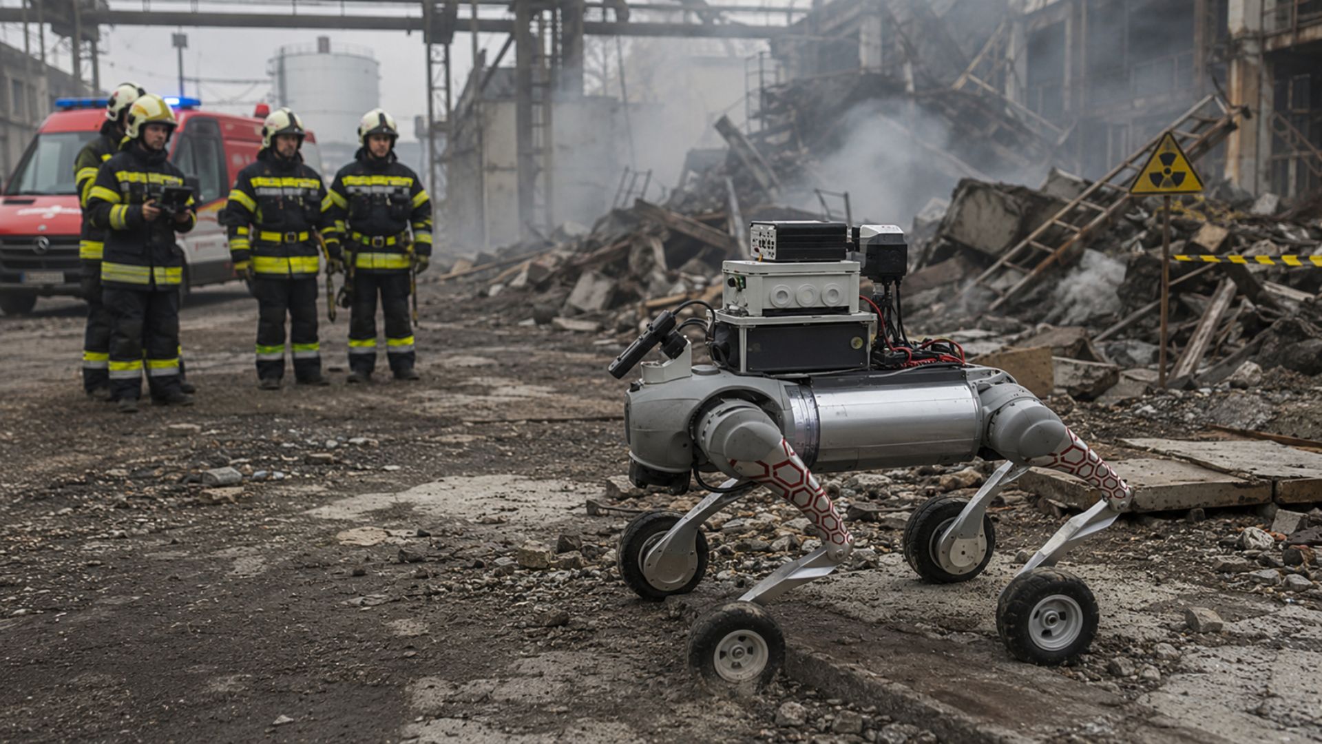 Um cão robô da TU Graz, na Áustria, entra na zona de perigo antes dos bombeiros para detectar materiais perigosos e enviar imagens ao vivo.