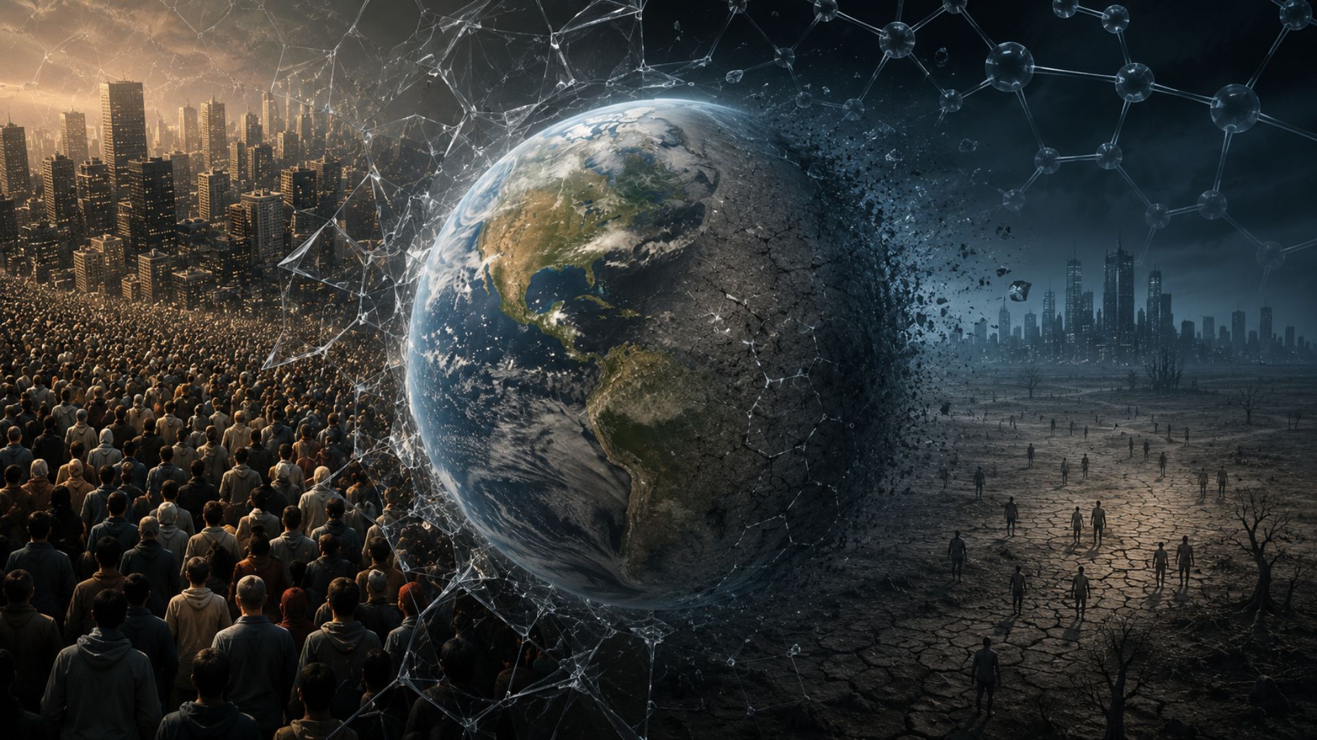 Modelo matemático aponta que a população mundial pode cair pela metade até 2064 se a capacidade de suporte da Terra ruir, em cenário de colapso, não previsão.