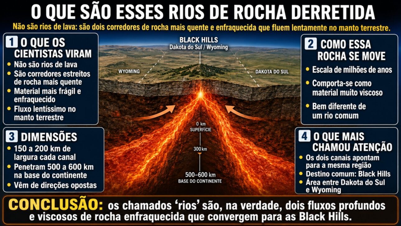 Cientistas mapearam dois rios de rocha derretida sob a América do Norte que corroem a base do continente rumo às Black Hills; entenda o que a descoberta revela.