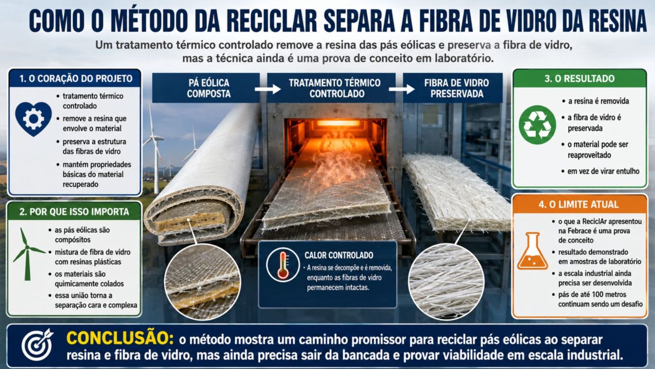 Estudante Júlia Ramos Genzini vence a Febrace na USP com a ReciclAr e método de reciclagem de pás eólicas que recupera a fibra de vidro.