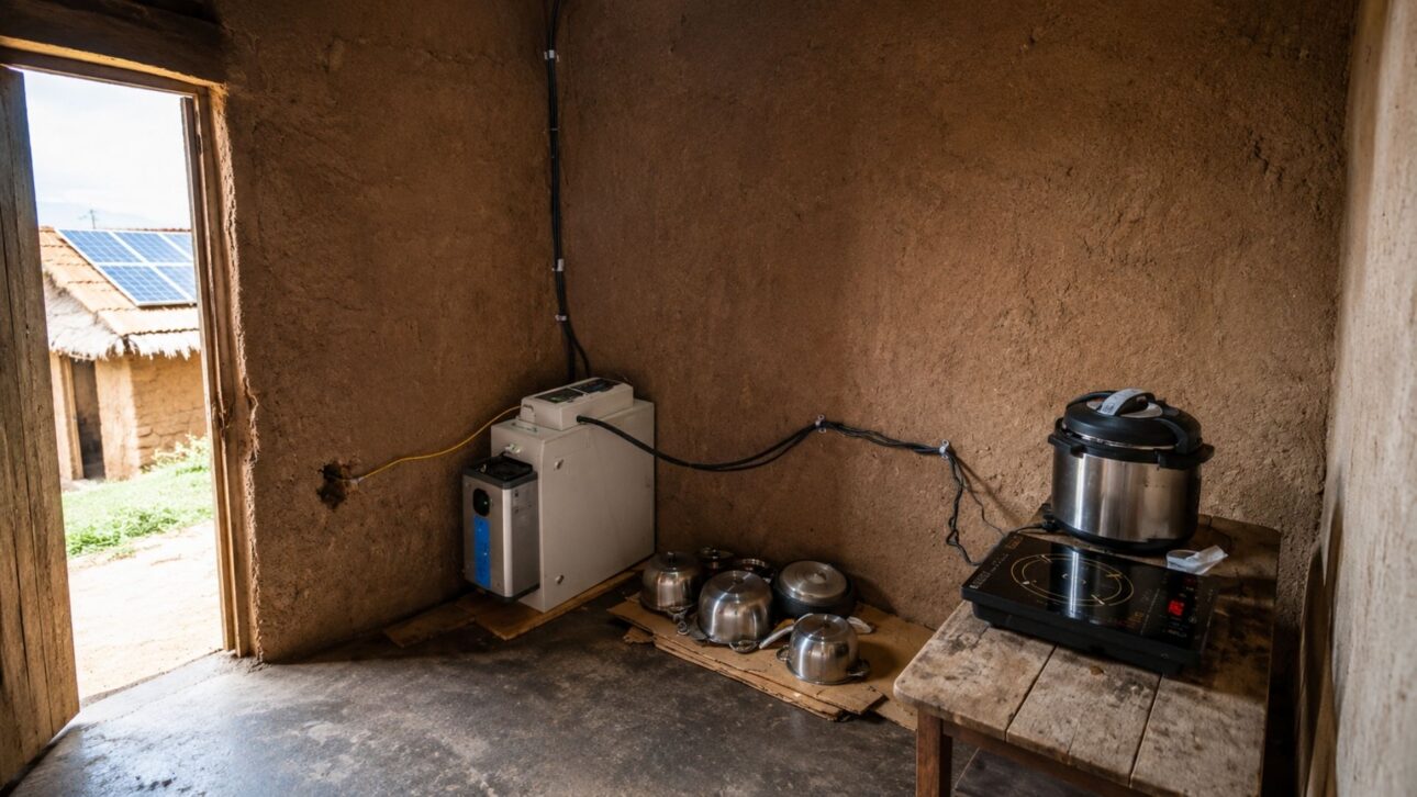 Estudo põe fogão solar e cozinha elétrica em 20 casas de Ruanda: a energia limpa corta a lenha de 3,4 kg para 0,86 kg por dia e limpa o ar da cozinha.