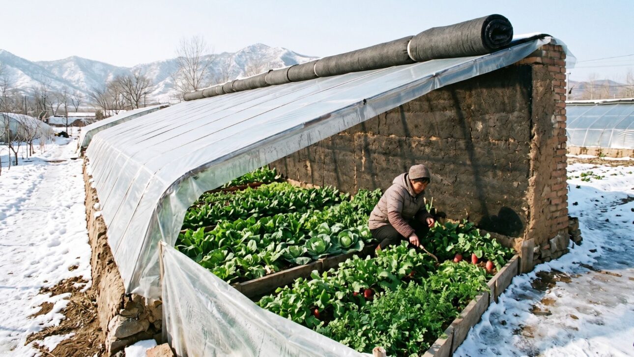 Chinese solar greenhouses use thermal walls and insulating blankets to produce food in winter without artificial heating.