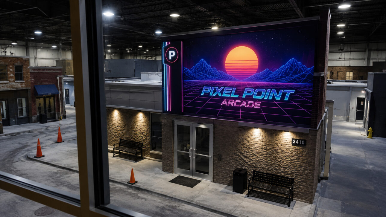 Scenic urban environment seen from above inside a warehouse, with illuminated arcade facade, cones, benches, and simulated street, representing realistic scenarios used in training against hacker and ransomware attacks.