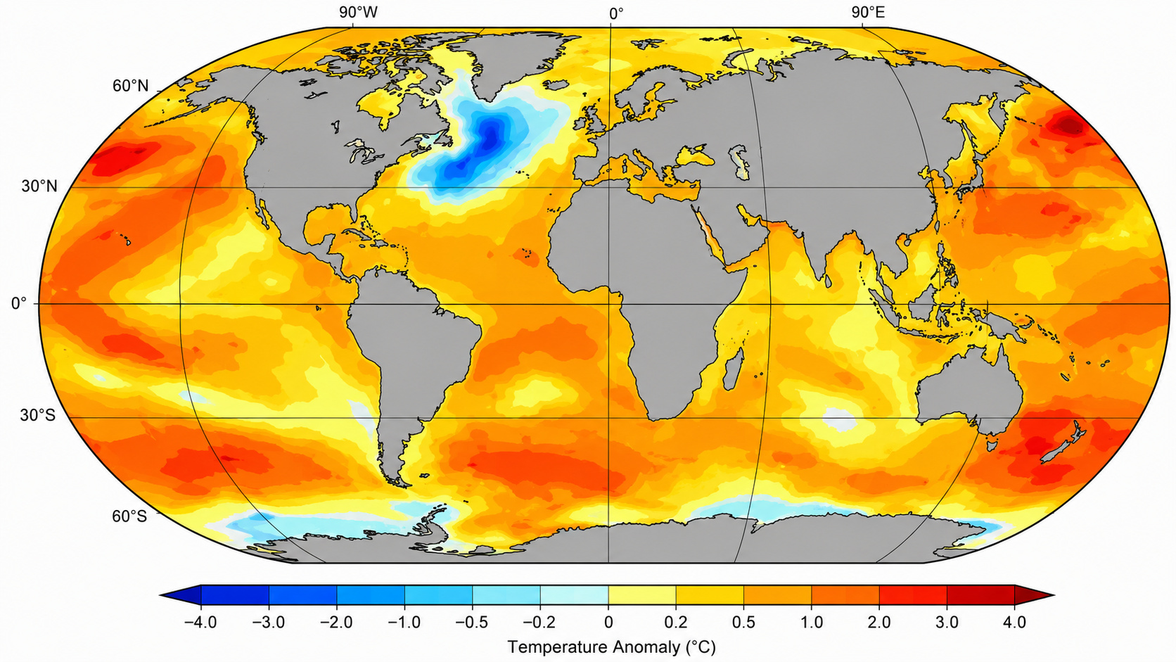 Mapa global de anomalias de temperatura oceânica destaca mancha fria no Atlântico Norte ao sul da Groenlândia, associada ao Cold Blob e à AMOC.