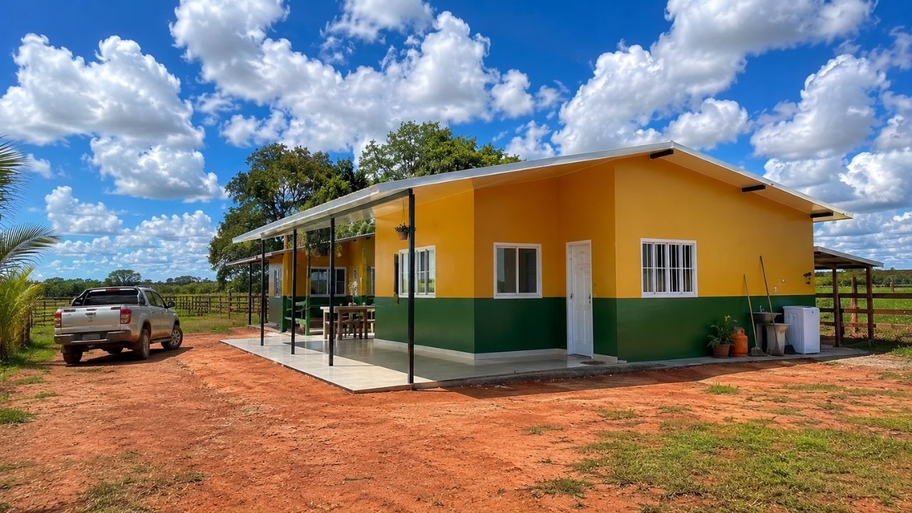Fazenda em Mato Grosso troca alvenaria tradicional por casa de painéis térmicos de 85 m² construção rápida, econômica e com isolamento PIR ganha varanda, lavanderia externa (3)