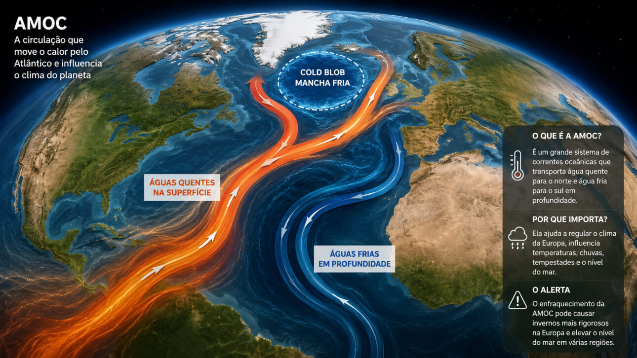 Illustration shows ocean currents in the North Atlantic near Greenland, representing the AMOC circulation and its relation to the Cold Blob.