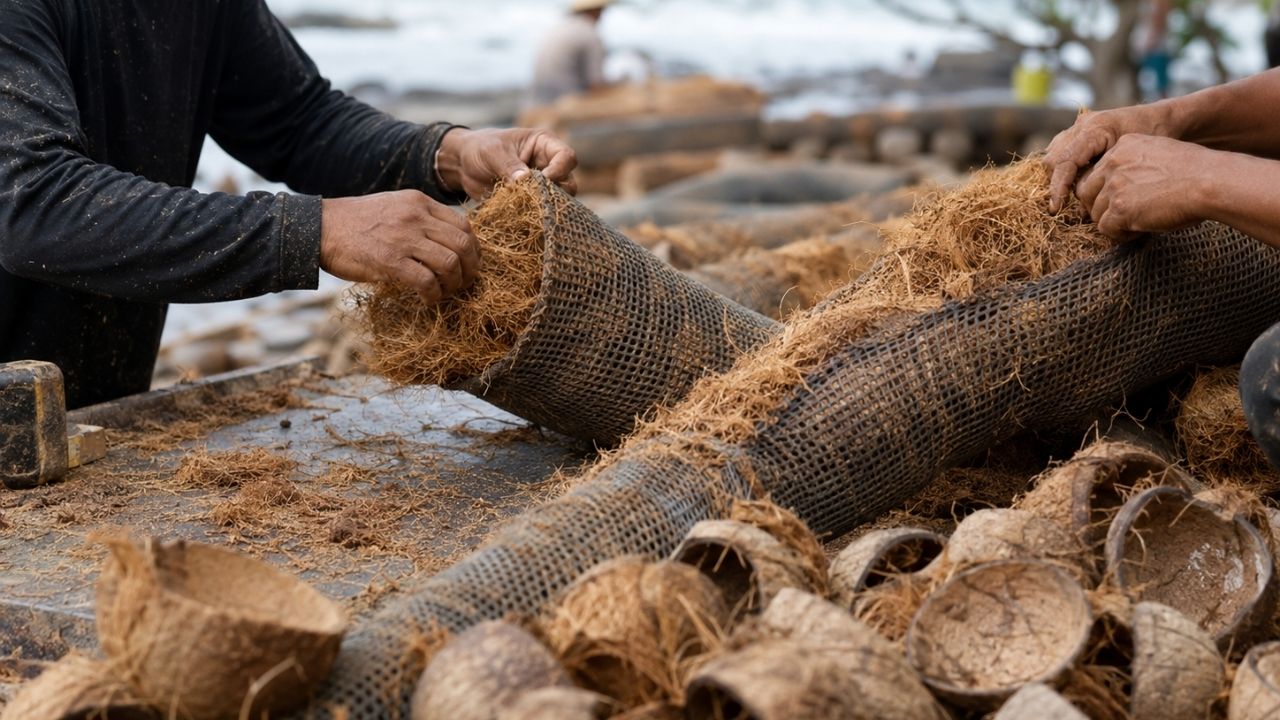 Fibra de coco cria barreiras biodegradáveis contra petróleo no mar, protegendo manguezais e comunidades costeiras.