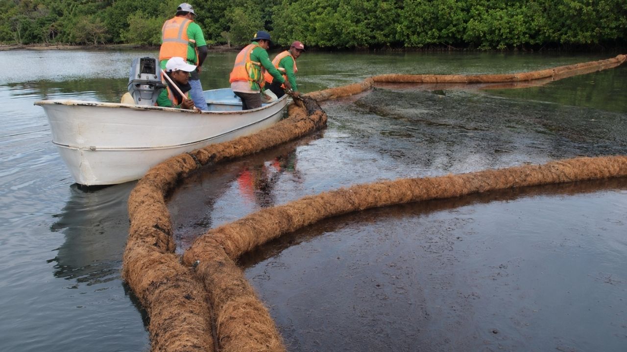 Fibra de coco cria barreiras biodegradáveis contra petróleo no mar, protegendo manguezais e comunidades costeiras.