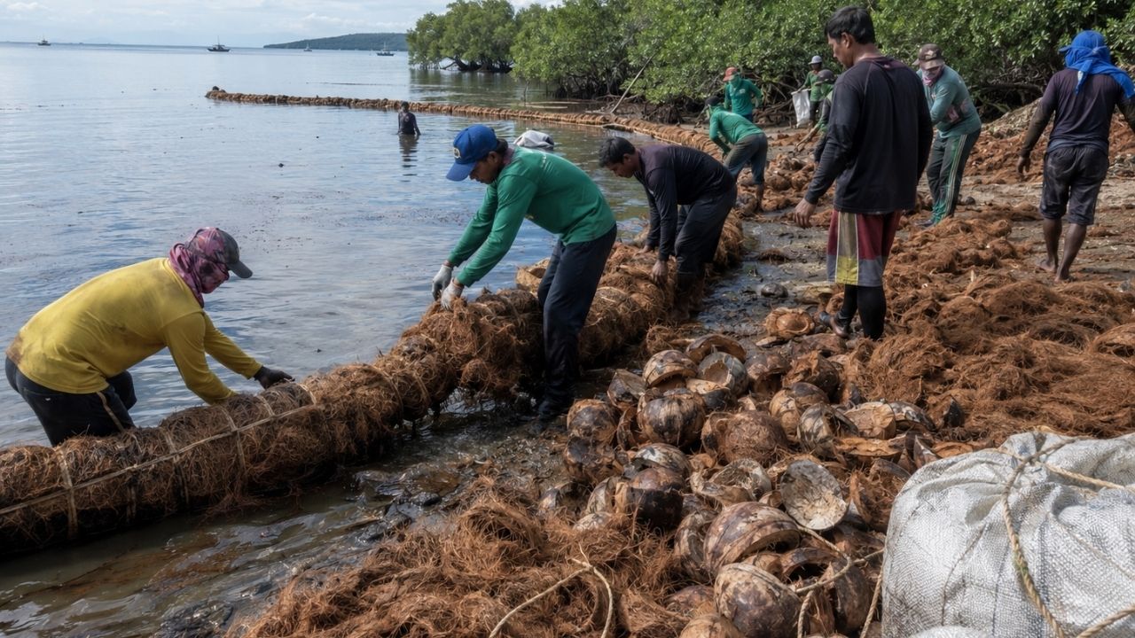 Fibra de coco cria barreiras biodegradáveis contra petróleo no mar, protegendo manguezais e comunidades costeiras.
