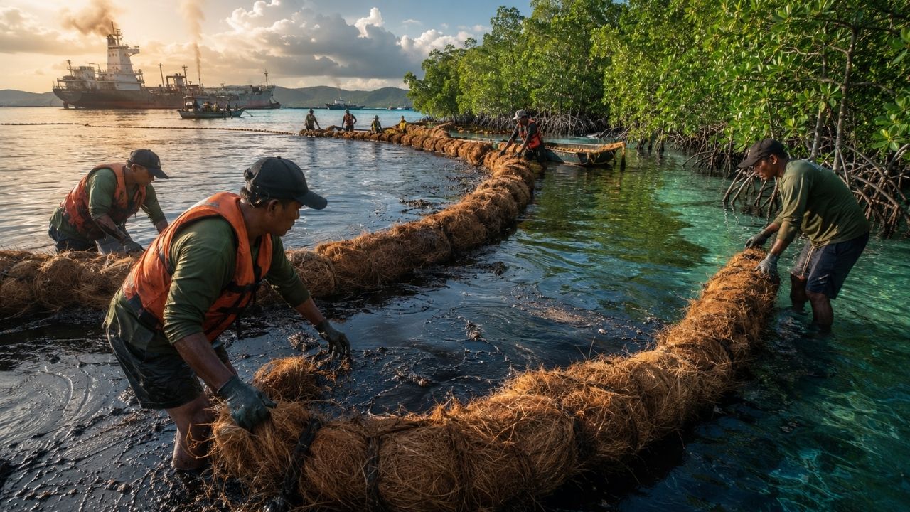 Filipinas usaram fibra de coco para conter petróleo no mar após desastre ambiental, transformaram cascas descartadas em barreiras biodegradáveis, protegeram manguezais (7)