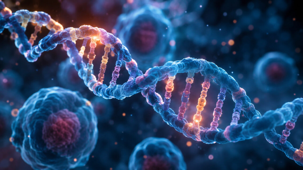 Representación de moléculas de ADN y estructuras celulares en ambiente científico moderno, ilustrando estudio sobre ADN neandertal, evolución genética e influencia en la respuesta inmunológica contra virus comunes.
