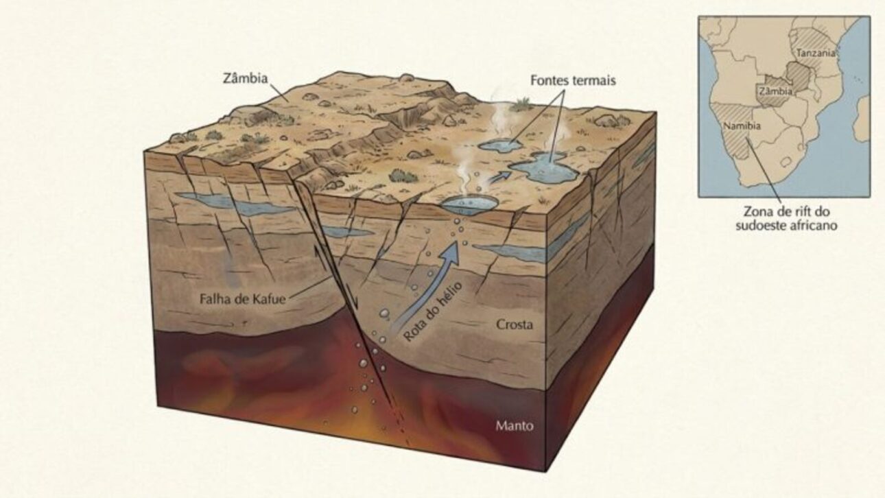 Corte geológico mostra a Falha de Kafue ligando fontes termais ao manto