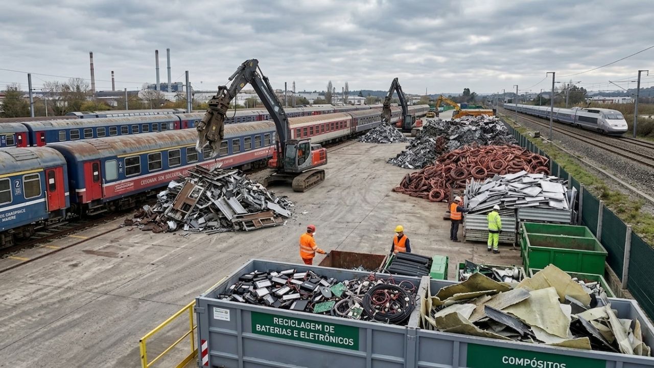 Gigantes ferroviários aposentados viram toneladas de metais recicláveis em centros industriais europeus