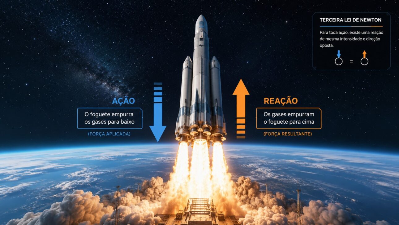 Gran cohete futurista despegando de la Tierra, motores emitiendo llamas intensas, ilustración científica realista destacando acción y reacción de la Tercera Ley de Newton