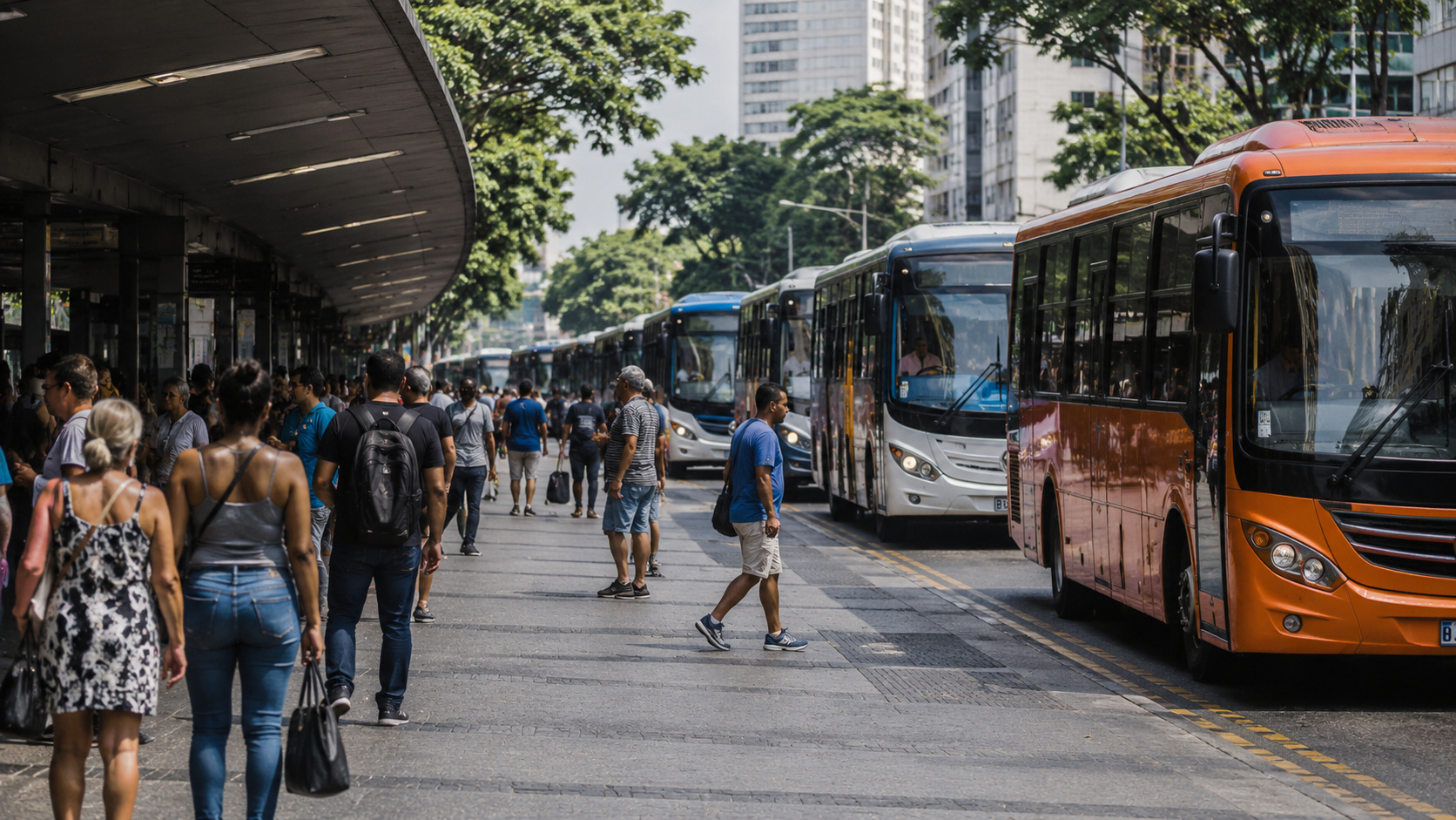 Ônibus circulando em terminal urbano com passageiros durante greve dos rodoviários no Rio de Janeiro e determinação de frota mínima pela Justiça