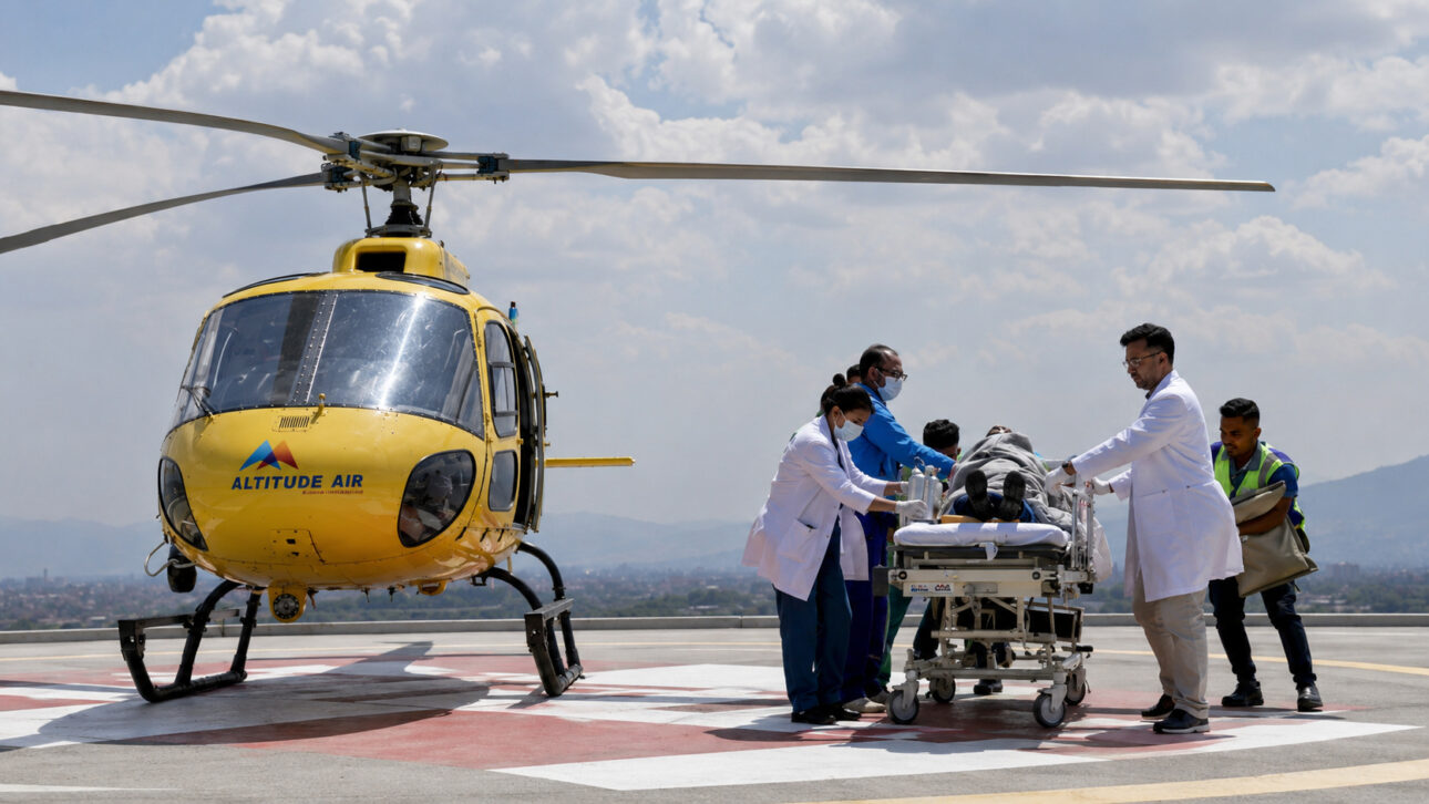 Rescue helicopter and medical team receive Nepalese guide survivor of Everest on a stretcher after six days missing in the mountain's death zone.