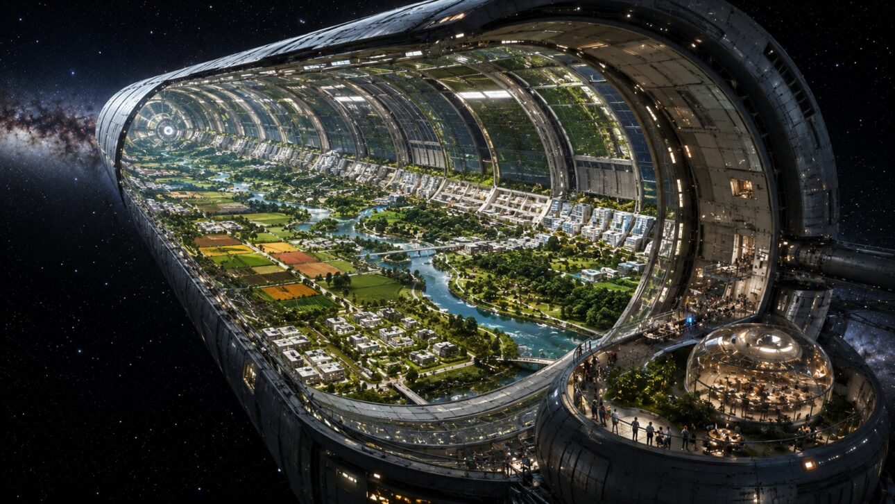 Habitat espacial cilíndrico gigante viajando entre estrellas, agricultura interna, ríos artificiales, habitantes viviendo normalmente, concepto futurista inspirado en proyectos de la NASA
